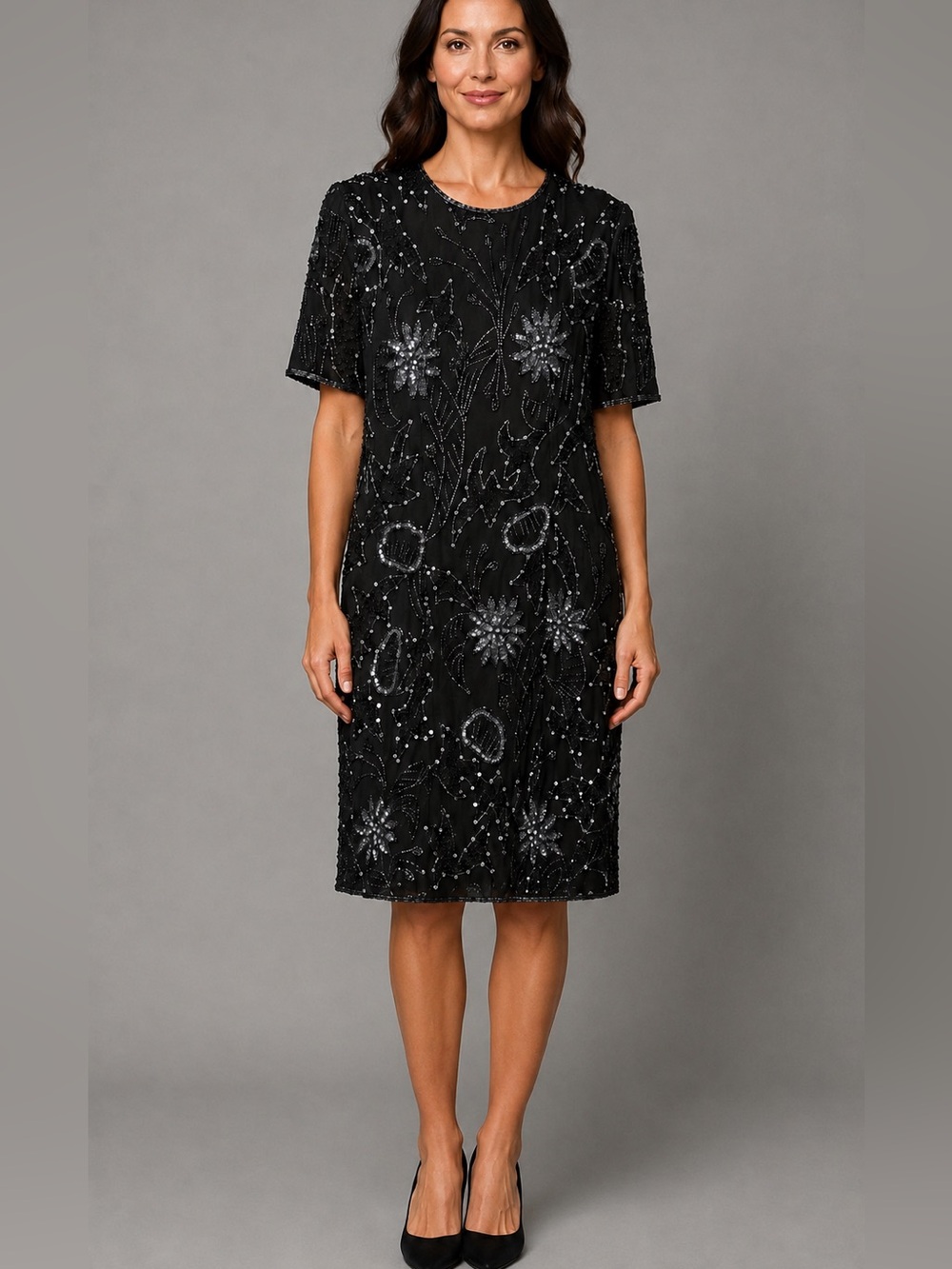 Robert Anthony Black Silk Beaded Floral Evening Dress Sz 4 Vintage Short Sleeve